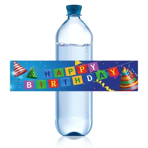 Detail of Happy Birthday water bottle label featuring blue background and party motifs