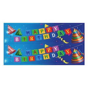 Flat design of Happy Birthday banner stickers with colorful party hats and confetti