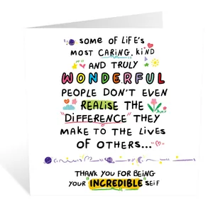 Close-up of a white square greeting card with colorful artistic fonts and hand-drawn icons