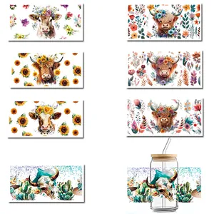 Wasserdicht UV DTF Transfer Becher Aufkleber Hochlandrind Sonnenblume Kaktus Schädel Muster Boho DIY Handwerk Flasche Dekoration Multi Stil Kristall Etikett