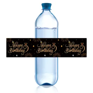 Detail of black and gold Happy Birthday water bottle labels for party decorations
