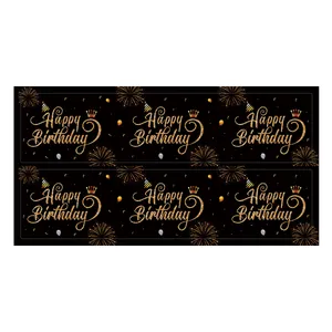 Detail of 6-piece black and gold Happy Birthday bottle labels with glitter confetti design