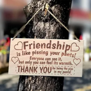 Detail of wooden plaque with humorous friendship quote hanging on a textured tree trunk