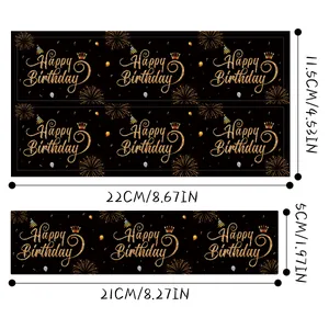 Detailed size guide for black and gold Happy Birthday bottle labels with dimensions