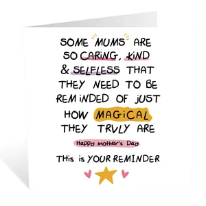Close-up of a square Mother's Day card with colorful hearts and handwritten greetings