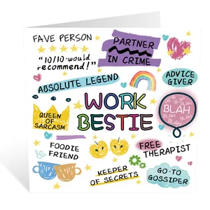 Detail of Work Bestie birthday card with hand-drawn colorful doodles and humorous text
