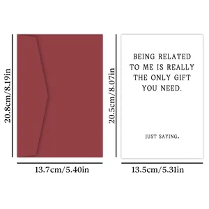 Funny greeting card with humorous quotes and burgundy envelope product dimensions detail