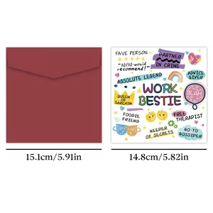 Detailed view of humorous Work Bestie greeting card with a dark red square envelope set
