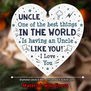 Wooden heart hanging ornament for uncle with sentimental quote and warm white grain finish