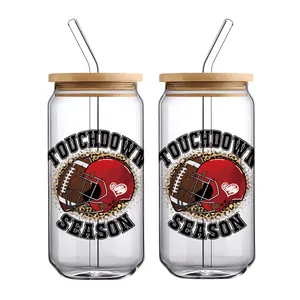 Lot de deux verres de 16oz avec couvercles en bambou, pailles et imprimés de football