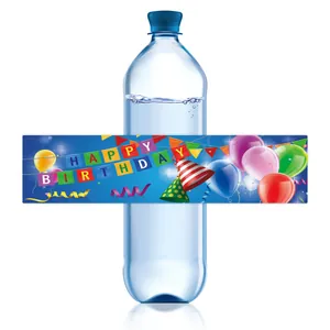 Detail of Happy Birthday water bottle labels on bottles for party decoration