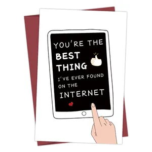 Funny internet-themed birthday card with burgundy envelope and tablet illustration