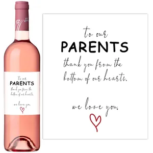 Close-up of customized wine bottle label with warm message To Our Parents and heart icon