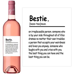 Close-up of Bestie definition label on pink wine bottle for party decoration gift
