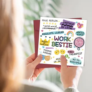 Close-up of funny Work Bestie birthday card with red envelope and hand-drawn doodles