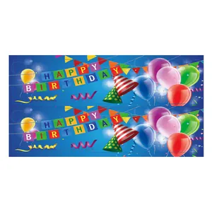 Detail of Happy Birthday water bottle labels featuring colorful balloons and party hats