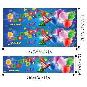 Detailed dimensions of blue Happy Birthday water bottle labels and party stickers