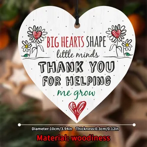 Detail of 10cm heart-shaped wooden plaque with sunflower art and thank you message