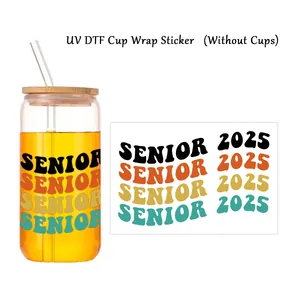 UV DTF wrap transfer for 16oz glass featuring colorful retro Senior 2025 graduation design