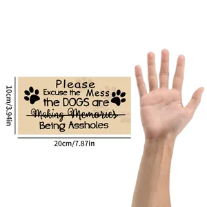 Detailed view of square wooden pet sign measuring 20x10cm with size reference guide