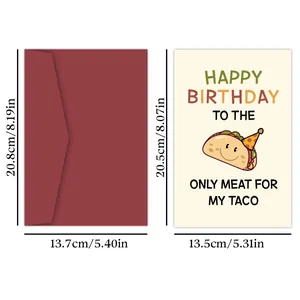 Detailed view of taco birthday card and red envelope showing exact size measurements