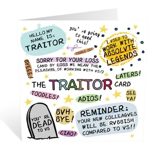 Detailed view of a funny folded farewell greeting card with colorful humorous quotes