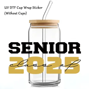 UV DTF cup wrap sticker with Class of 2025 Senior graduation theme for 16oz glass cups