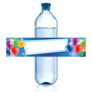 Macro view of blue water bottle labels with colorful balloons and text area