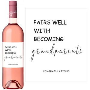 Detail of creative wine bottle labels with congratulations for new grandparents gift