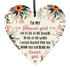 Heart Shaped Wooden Wedding Sign Floral Pattern Thank You Gift For Bridesmaid Flower Girl Hanging MDF Plaque Home Decor
