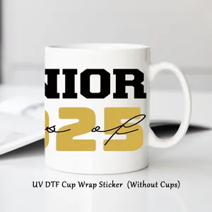 Detail of UV DTF cup wrap sticker featuring bold Senior 2025 Class of graduation design