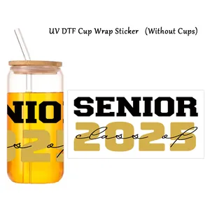 Black and gold Senior 2025 class of UV DTF cup wrap sticker for 16oz glass cups