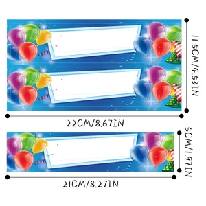 Detailed size specifications for blue birthday bottle labels with colorful party balloons