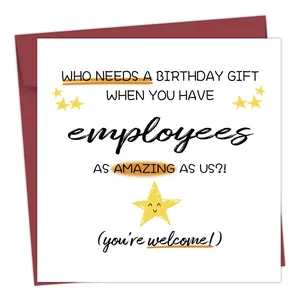 Funny square birthday card with envelope featuring humorous text and orange star accents
