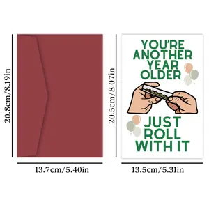 Grappige verjaardagskaart afmetingen toont de 20,8x13,7 cm envelop en 20,5x13,5 cm kaart