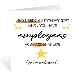 Close-up of funny birthday card with star graphic and witty text for coworkers