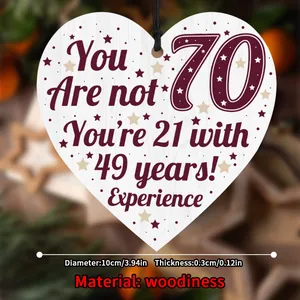 Detailed view of a 10cm heart-shaped wooden 70th birthday plaque with dimensions labeled