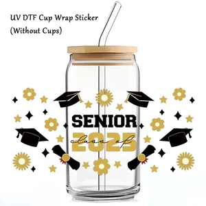 UV DTF transfer sticker for 16oz Libbey glasses featuring 2025 Senior graduation theme