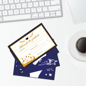 Macro shot of 2025 graduation advice cards with gold foil lettering on a white desk
