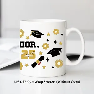 Detailed UV DTF wrap sticker for 16oz glass featuring 2025 graduation theme on white ceramic