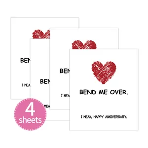 Detail of 4 funny anniversary greeting cards with red hearts and humorous typography