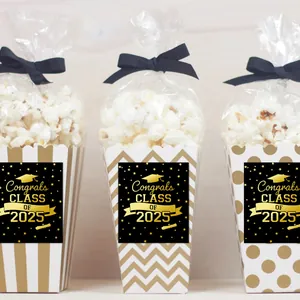 Three gold and white 2025 graduation popcorn boxes with Congrats Class of 2025 stickers