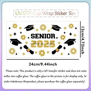 UV DTF wrap sticker for 16oz glass featuring Class of 2025 graduation theme in black and gold