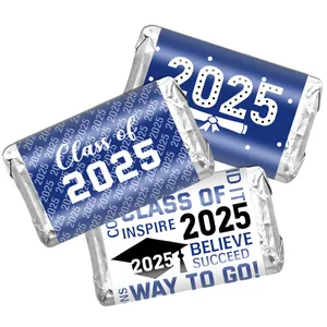 Detail of 2025 graduation candy wrappers with Class of 2025 and Inspire text on blue base