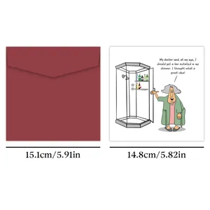 Funny birthday card set with humor cartoon and red envelope, dimensions 14.8cm square