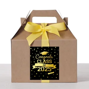 Brown kraft gift box with yellow ribbon and Congrats Class of 2025 graduation sticker
