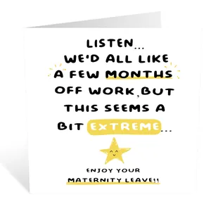 Detailed view of square maternity leave card with funny text and yellow star accents