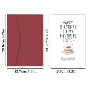 Symmetric layout of funny birthday card with red envelope showing product dimensions