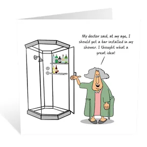 Funny square folding birthday card featuring an old woman and her mini bar shower illustration