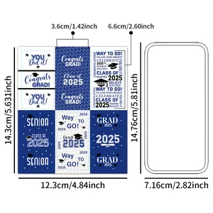 Detailed dimensions of 2025 graduation party stickers with various cutout sizes